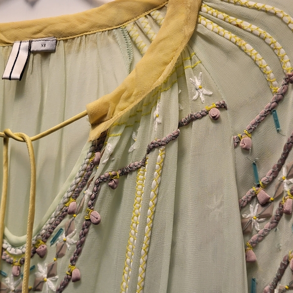 Blank London Pale Green and Yellow Sheer Embroidered Peasant Blouse - Size XS - Picture 5 of 11